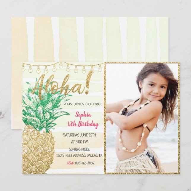 Tropical Pineapple Birthday Invitation With Photo (Front/Back)