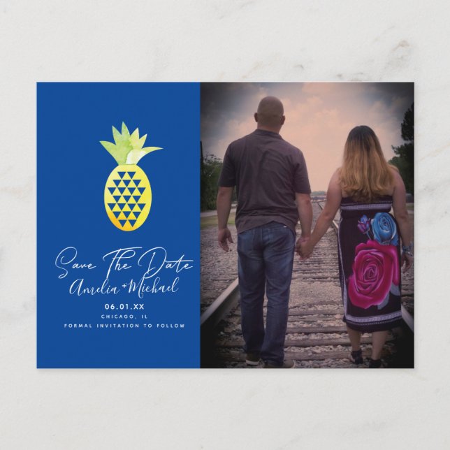 Tropical Pineapple Blue Save the Date Photo  Postcard (Front)