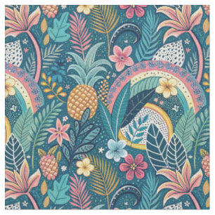 Tropical Pineapple & Boho Jungle Floral Design Art Fabric