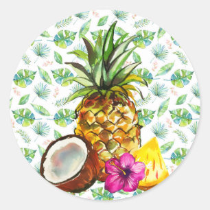 Tropical pineapple coconut fruit, luau, hawaii classic round sticker