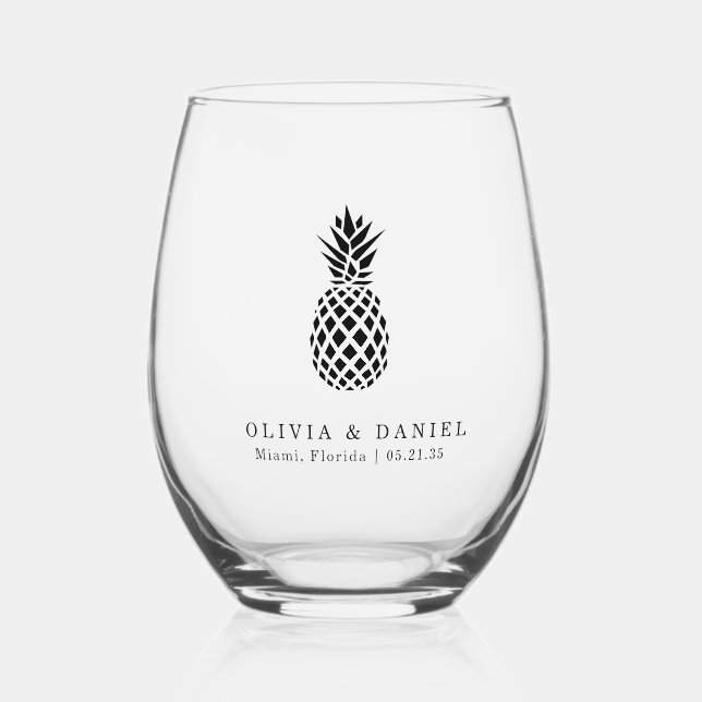 Tropical Pineapple Destination Wedding Favour  Stemless Wine Glass (Front)