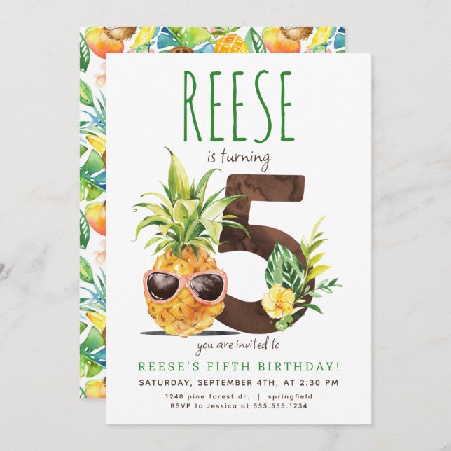Tropical Pineapple Fifth Birthday Invitation (Front/Back)