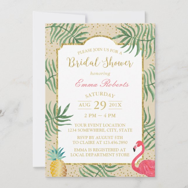 Tropical Pineapple & Flamingo Beach Bridal Shower Invitation (Front)