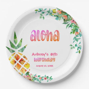 Tropical Pineapple Floral Aloha ANY AGE Birthday Paper Plate