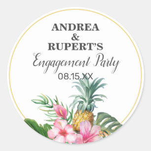 Tropical Pineapple Floral Engagement Party  Classic Round Sticker