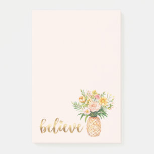 Tropical Pineapple Floral Gold Believe Quote Post-it Notes