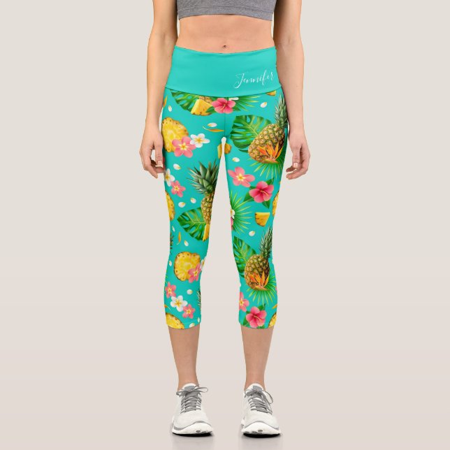 Tropical Pineapple Floral Personalised Name Capri Leggings (Front)