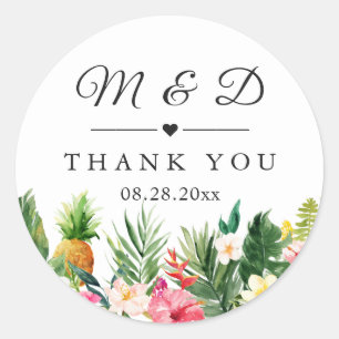Tropical Pineapple Floral Wedding Favour Thank You Classic Round Sticker