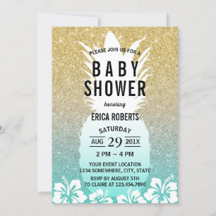 Tropical Pineapple Flower Gold Glitter Baby Shower Invitation