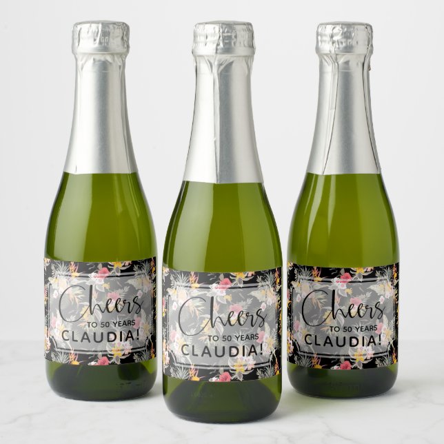 Tropical Pineapple Flowers on Black Mini Sparkling Wine Label (Bottles)