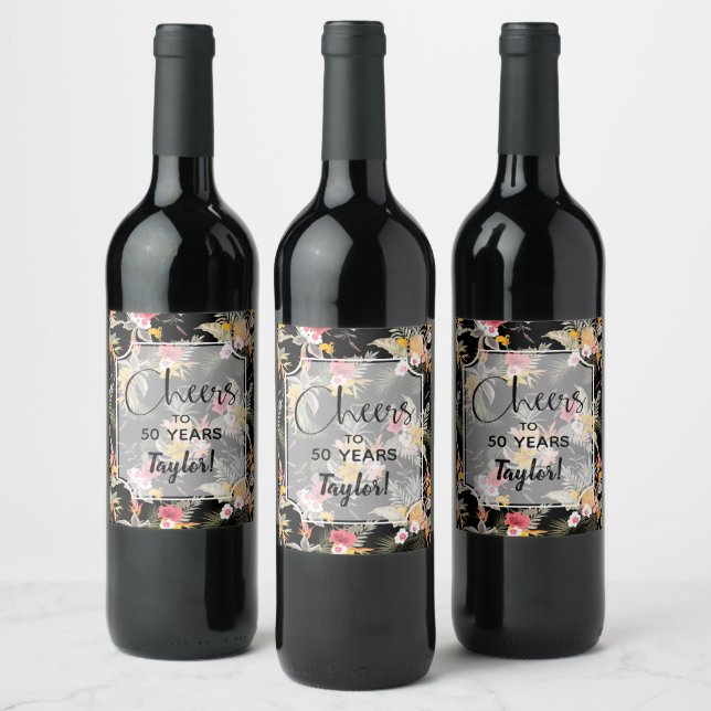 Tropical Pineapple Flowers on Black Wine Label (Bottles)