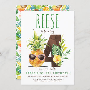 Tropical Pineapple Fourth Birthday Invitation