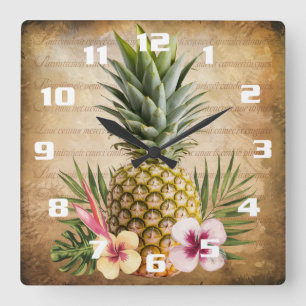 Tropical Pineapple French Calligraphy stylish Square Wall Clock