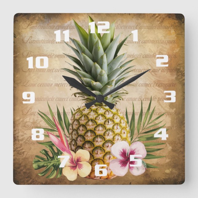 Tropical Pineapple French Calligraphy stylish Square Wall Clock (Front)