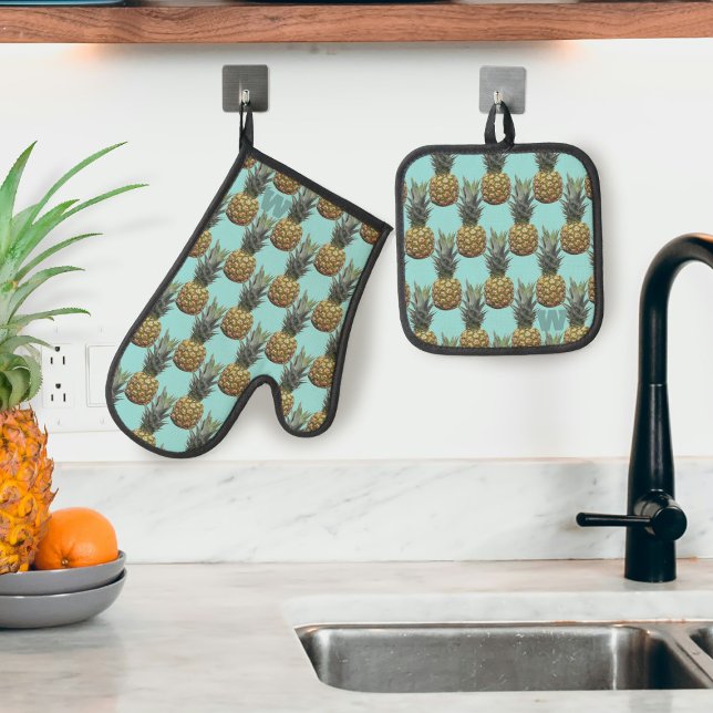 Tropical Pineapple Fruit Monogram Oven Mitt & Pot Holder Set (Perfect Pineapple Oven Mitt and Pot Holder Set for your kitchen, Just add your initial)