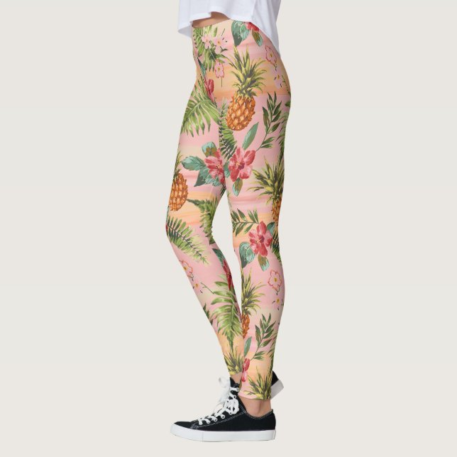 Tropical Pineapple Fruits Floral Stripes Pattern Leggings (Left)