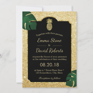 Tropical Pineapple Gold Glitter Hawaiian Wedding Invitation