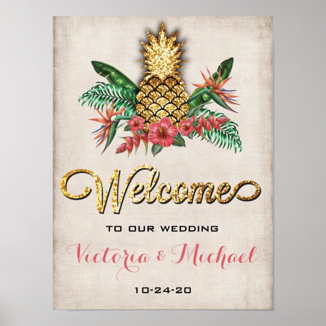 Tropical Pineapple Gold Glitter Wedding Sign (Front)