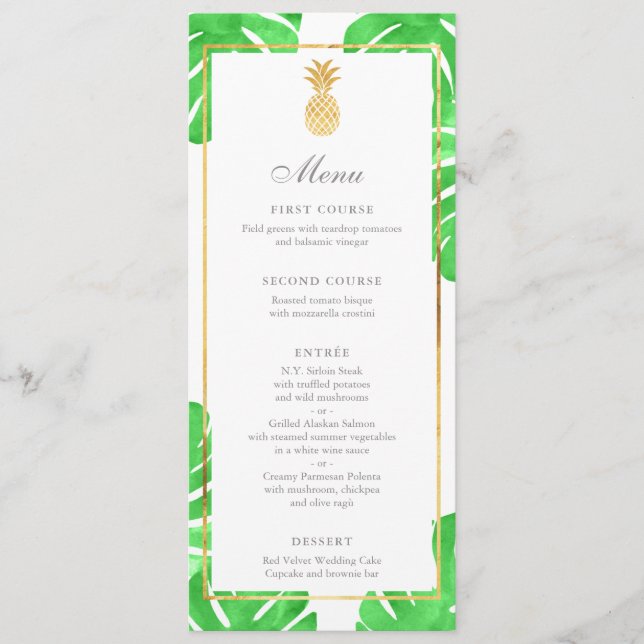 Tropical Pineapple Gold & Green Wedding Menu (Front)