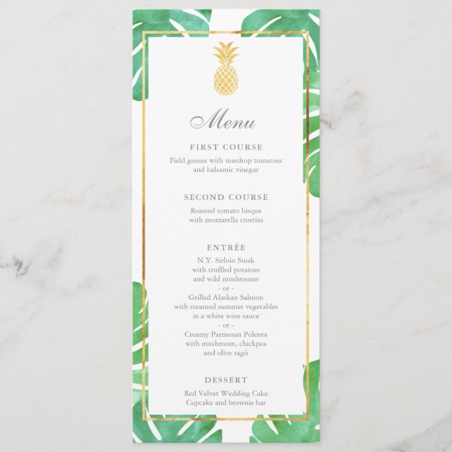 Tropical Pineapple Gold & Green Wedding Menu (Front)