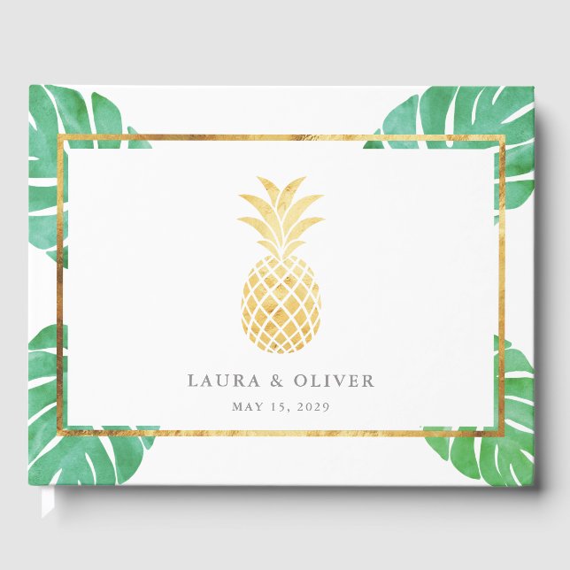 Tropical Pineapple Gold Wedding  Guest Book (Front)