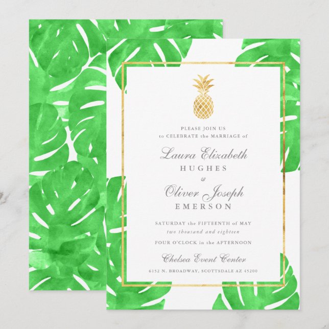 Tropical Pineapple Gold Wedding Invitations (Front/Back)