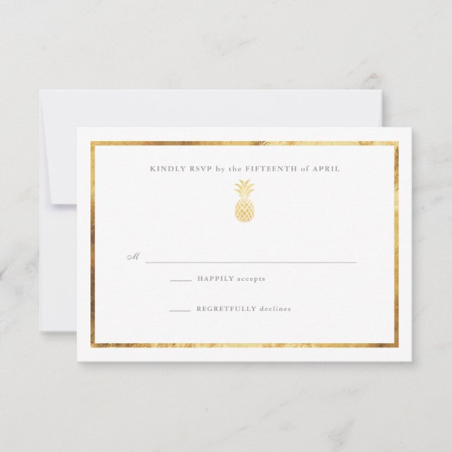 Tropical Pineapple Gold Wedding RSP RSVP Card (Front)