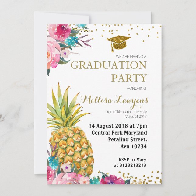 Tropical Pineapple Graduation Party Invitation (Front)