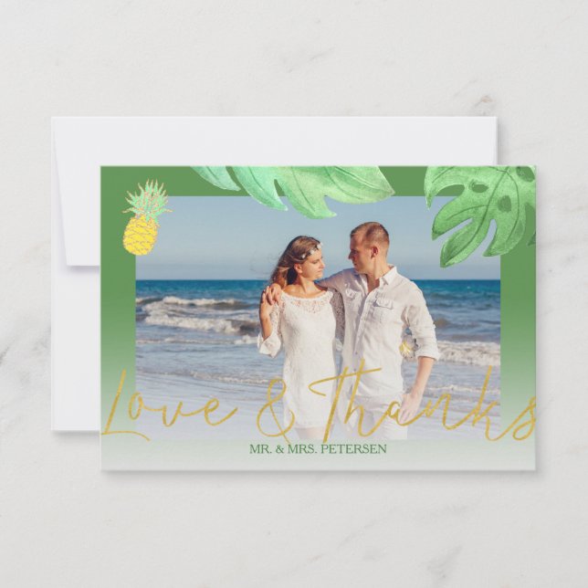 Tropical pineapple green wedding thank you photo card (Front)