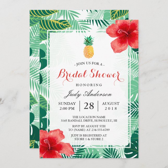 Tropical Pineapple Hawaiian Hibiscus Bridal Shower Invitation (Front/Back)