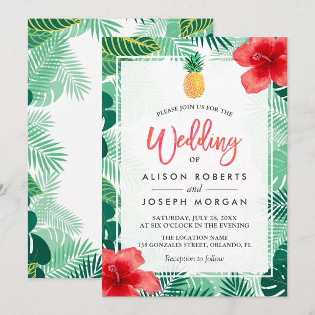Tropical Pineapple Hawaiian Hibiscus Wedding Invitation (Front/Back)