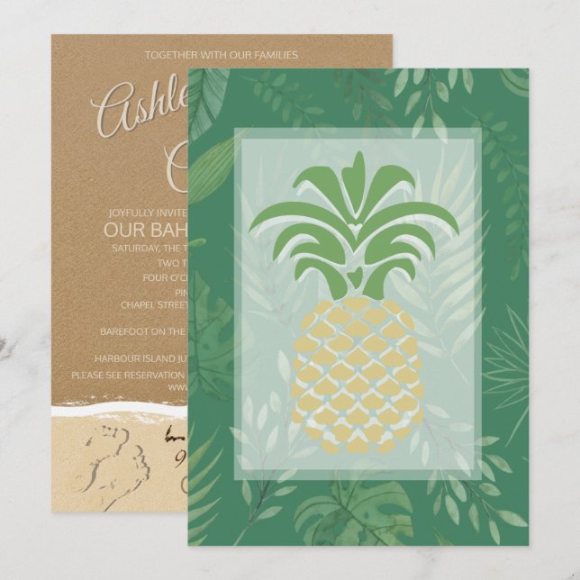 Tropical Pineapple Hearts Wedding Invitations (Front/Back)