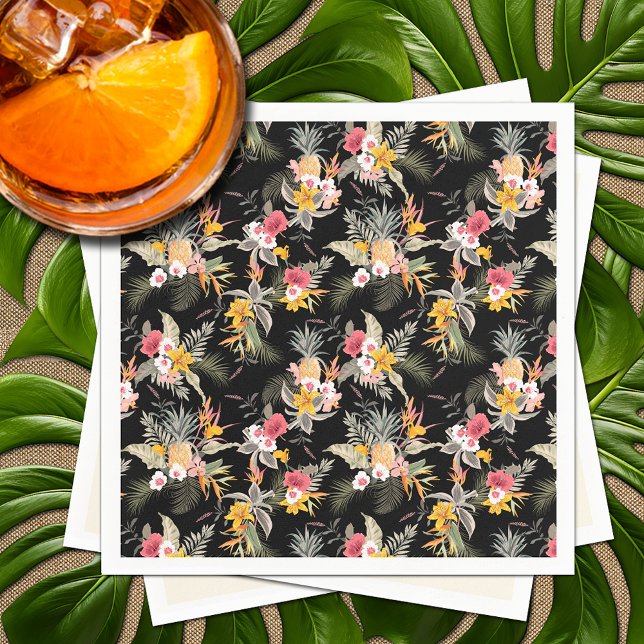 Tropical Pineapple Hibiscus Foliage on Black Napkin (Tropical Pineapple Hibiscus Foliage on Black Napkins)
