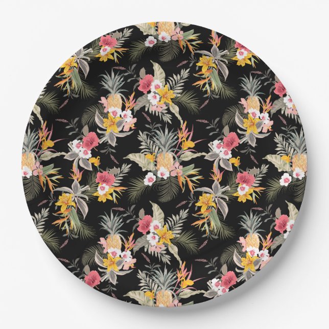 Tropical Pineapple Hibiscus Foliage on Black Paper Plate (Front)