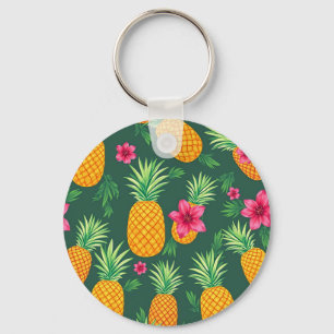 Tropical Pineapple Hibiscus Pattern Key Ring