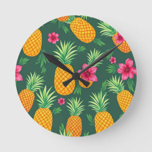 Tropical Pineapple Hibiscus Pattern Round Clock