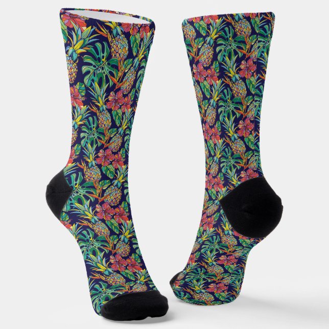 Tropical Pineapple Hibiscus Pattern Socks (Angled)