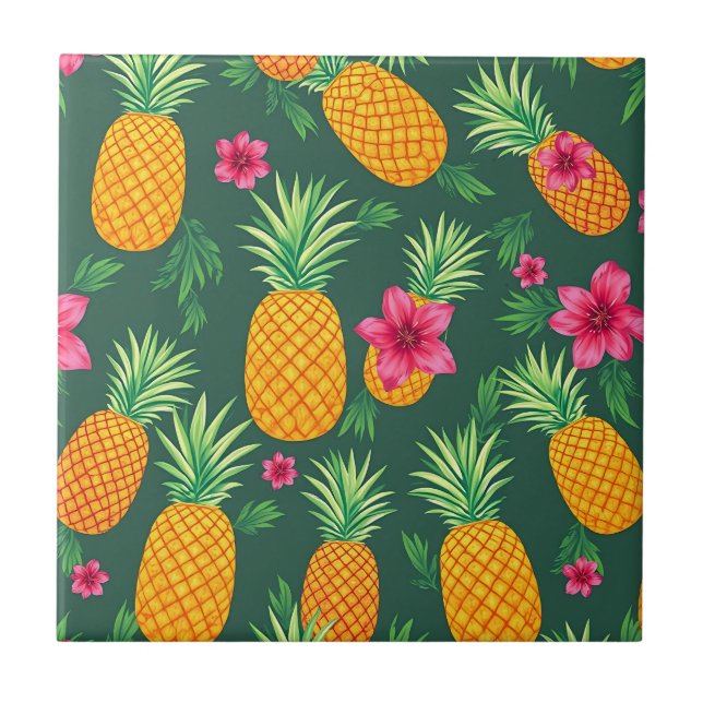 Tropical Pineapple Hibiscus Pattern Tile (Front)