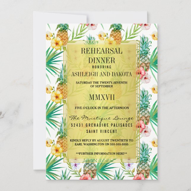 Tropical Pineapple & Hibiscus Rehearsal Dinner Invitation (Front)
