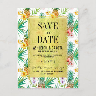 Tropical Pineapple & Hibiscus Save The Date Invitation Postcard
