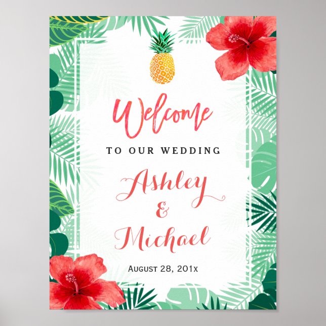 Tropical Pineapple Hibiscus Wedding Welcome Sign (Front)
