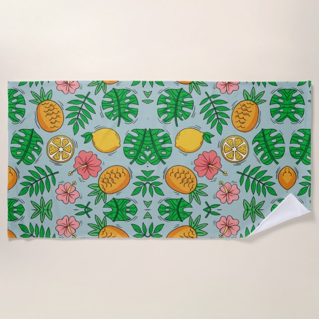 tropical pineapple lemon and pink flower pattern beach towel (Front)