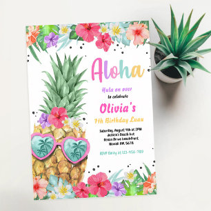 Tropical Pineapple Luau Pool Birthday Invitation