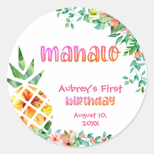 Tropical Pineapple Mahalo First Birthday Thank You Classic Round Sticker (Front)