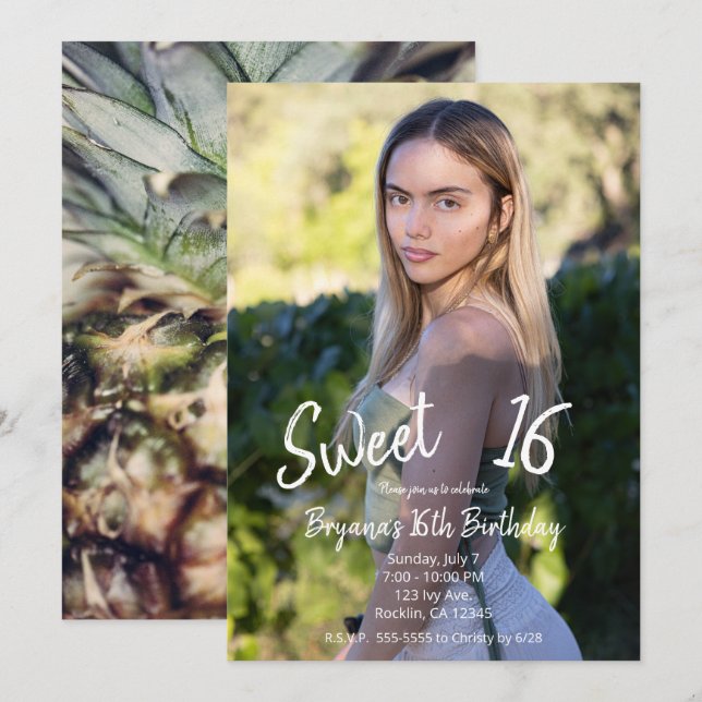 Tropical Pineapple Modern Photo Sweet 16 Party  Invitation (Front/Back)