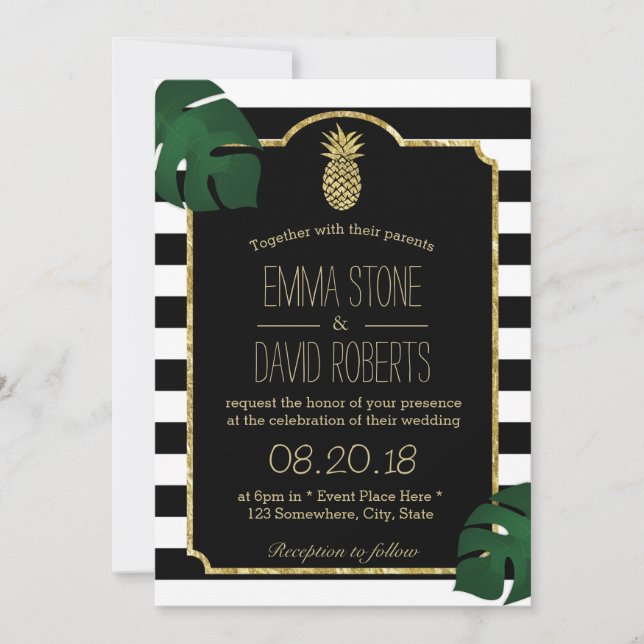 Tropical Pineapple Modern Stripes Hawaiian Wedding Invitation (Front)