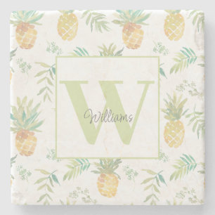 Tropical Pineapple Monogram Name  Stone Coaster
