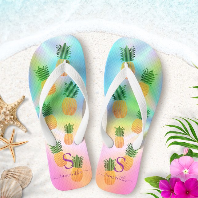 Tropical Pineapple Monogrammed Holographic Summer Flip Flops (Creator Uploaded)