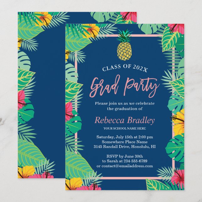 Tropical Pineapple & Palm Leaves Graduation  Invitation (Front/Back)