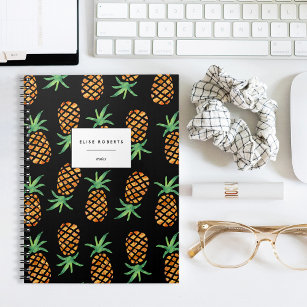 Tropical Pineapple Pattern Black Notebook